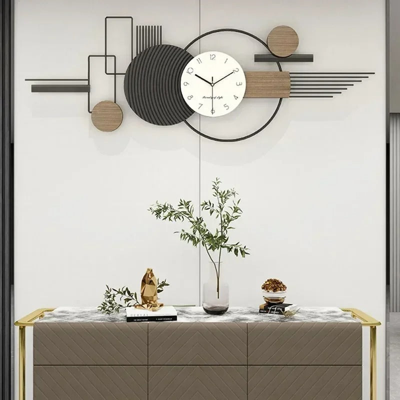 Horloge murale design métal noir bois accroché salon console dorée