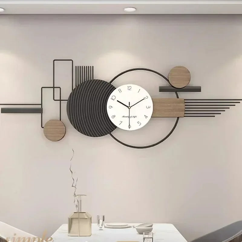 Horloge murale géométrique métal bois formes rondes noir naturel salon