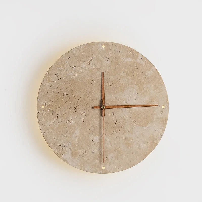 Horloge murale en pierre de travertin et aiguille en bois