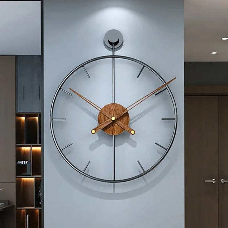 horloge murale design industriel métal noir et bois grande pendule murale ronde style moderne minimaliste décoration salon