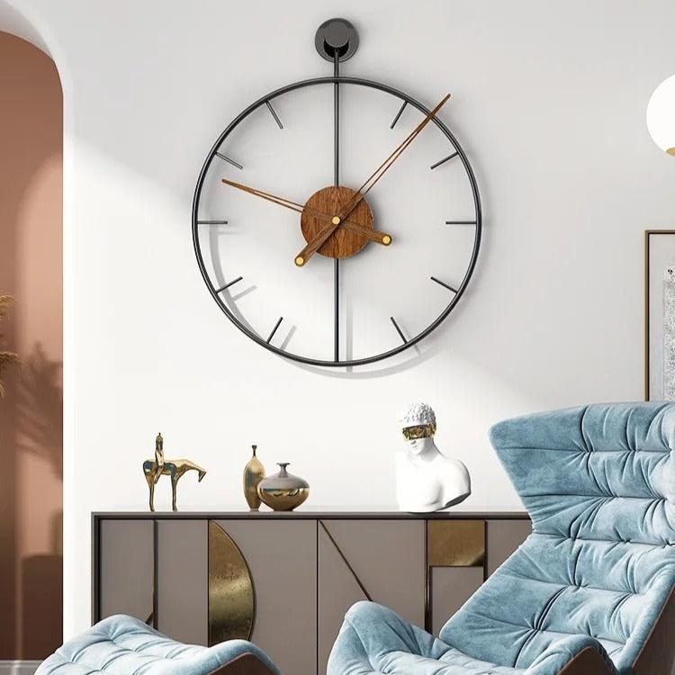 horloge murale design métal noir bois salon moderne grande pendule murale décorative cadre rond style industriel