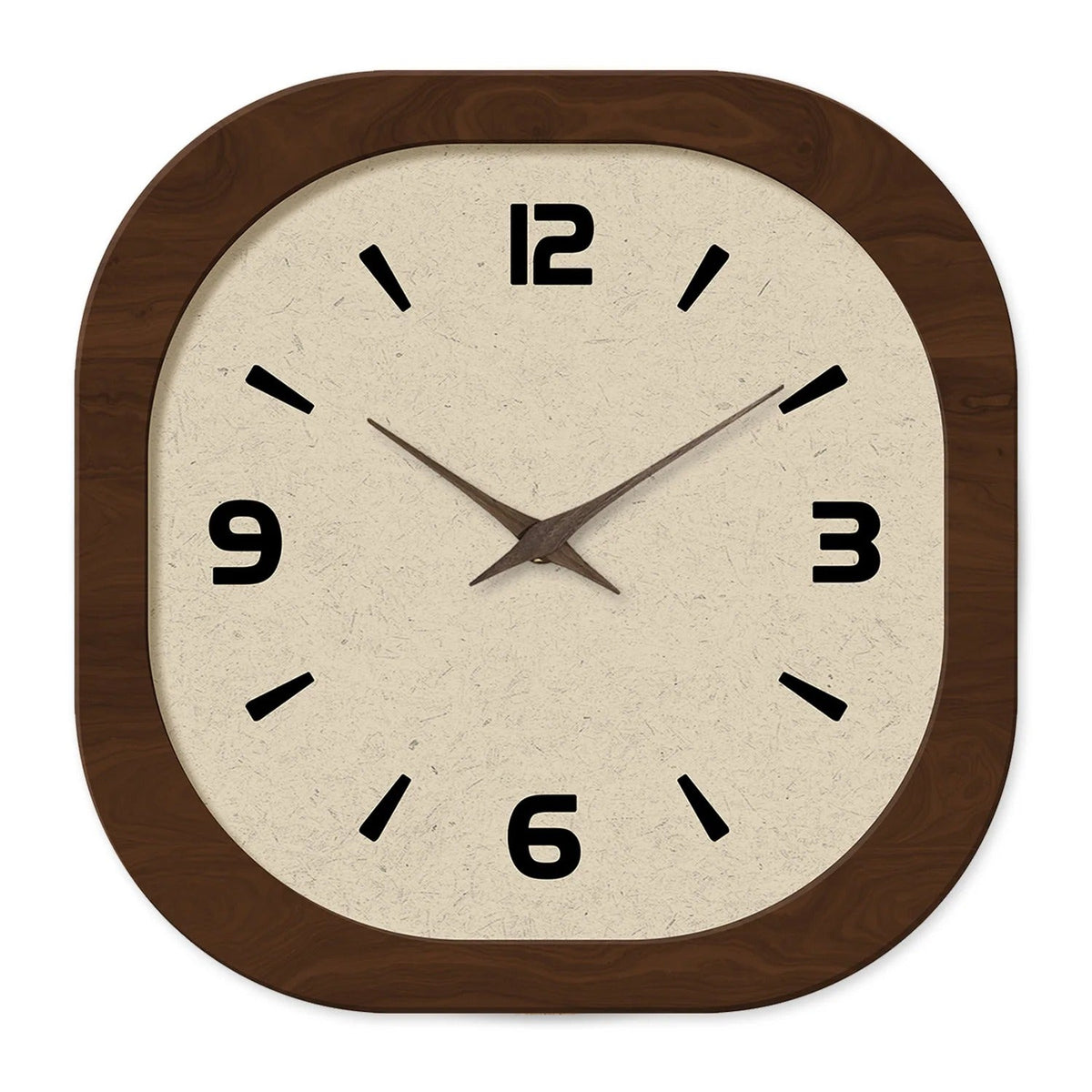 Horloge murale carrée bois brun cadran beige texturé chiffres arabes noirs