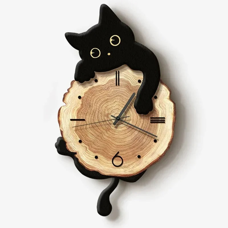Horloge murale chat noir bois tranche arbre queue pendule fond blanc