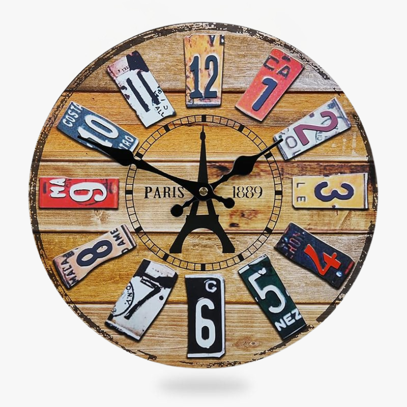 horloge murale vintage Paris 1889 Tour Eiffel plaques immatriculation décoration rétro bois