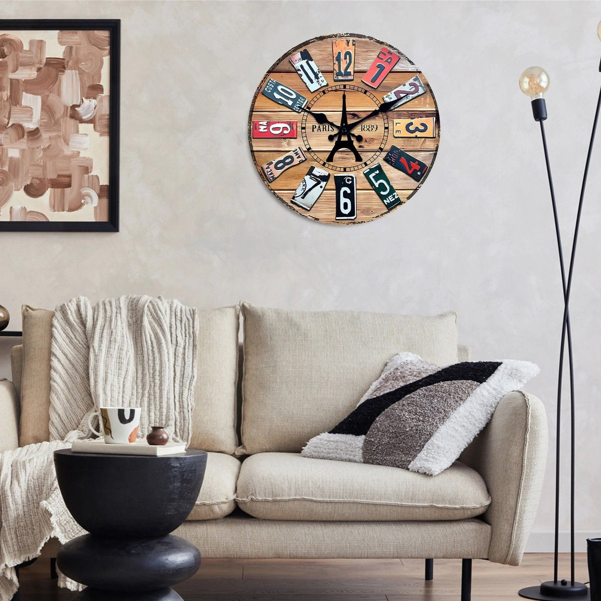 horloge murale vintage bois style industriel plaques immatriculation Tour Eiffel Paris salon déco rétro