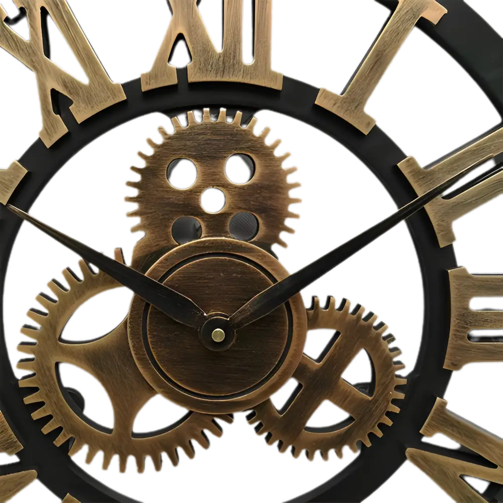 horloge murale industrielle engrenages dorés chiffres romains style steampunk vintage métal noir et bronze