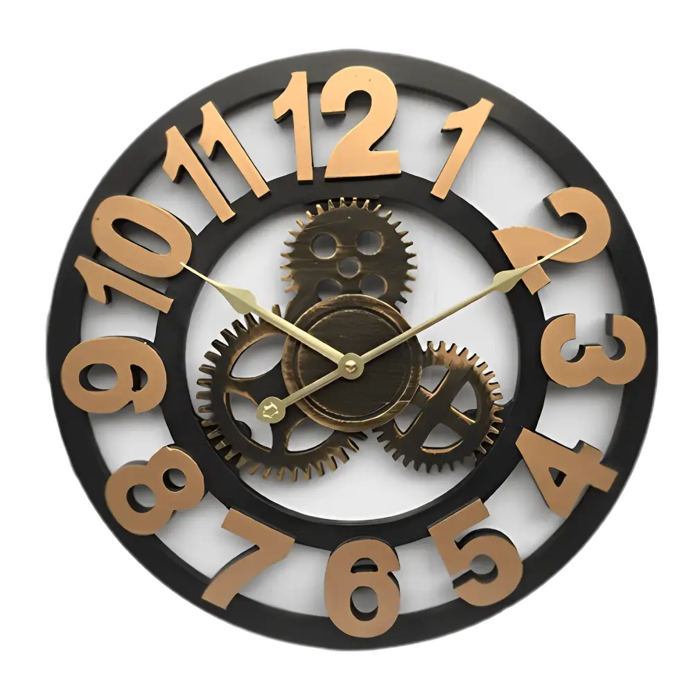 horloge murale industrielle engrenages apparents chiffres arabes dorés style steampunk vintage noir et or décoration salon