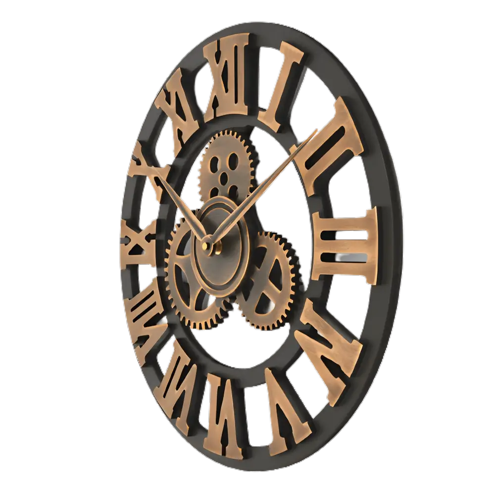 Vue de profil horloge murale industrielle noire engrenages dorés chiffres romains