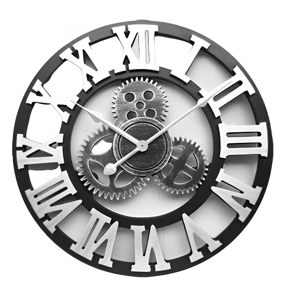 horloge murale industrielle engrenages apparents chiffres romains style steampunk noir argent décoration salon