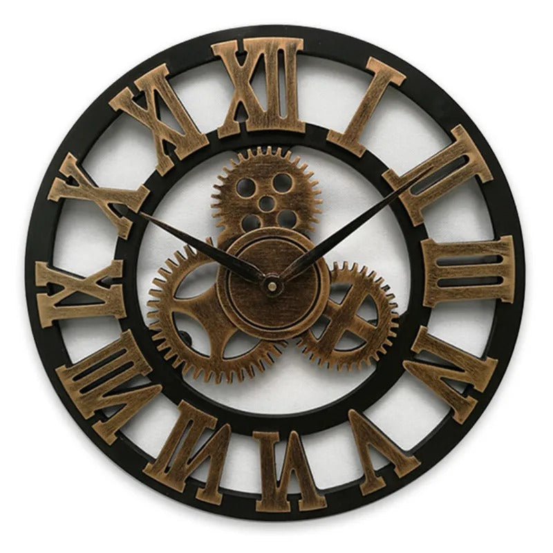 horloge murale industrielle vintage engrenages chiffres romains dorés style steampunk décoration salon