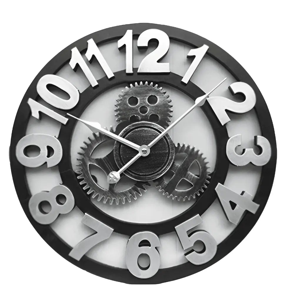 Horloge murale engrenages noirs chiffres arabes argent relief fond blanc