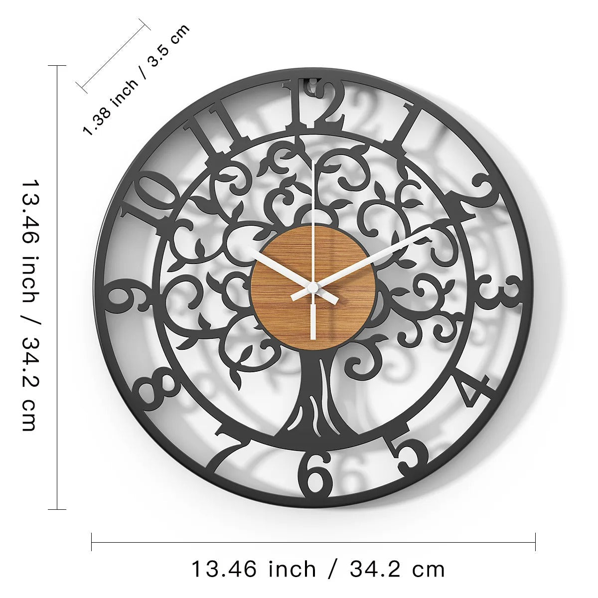 Dimensions horloge murale métal noir arbre vie centre bois 34 cm