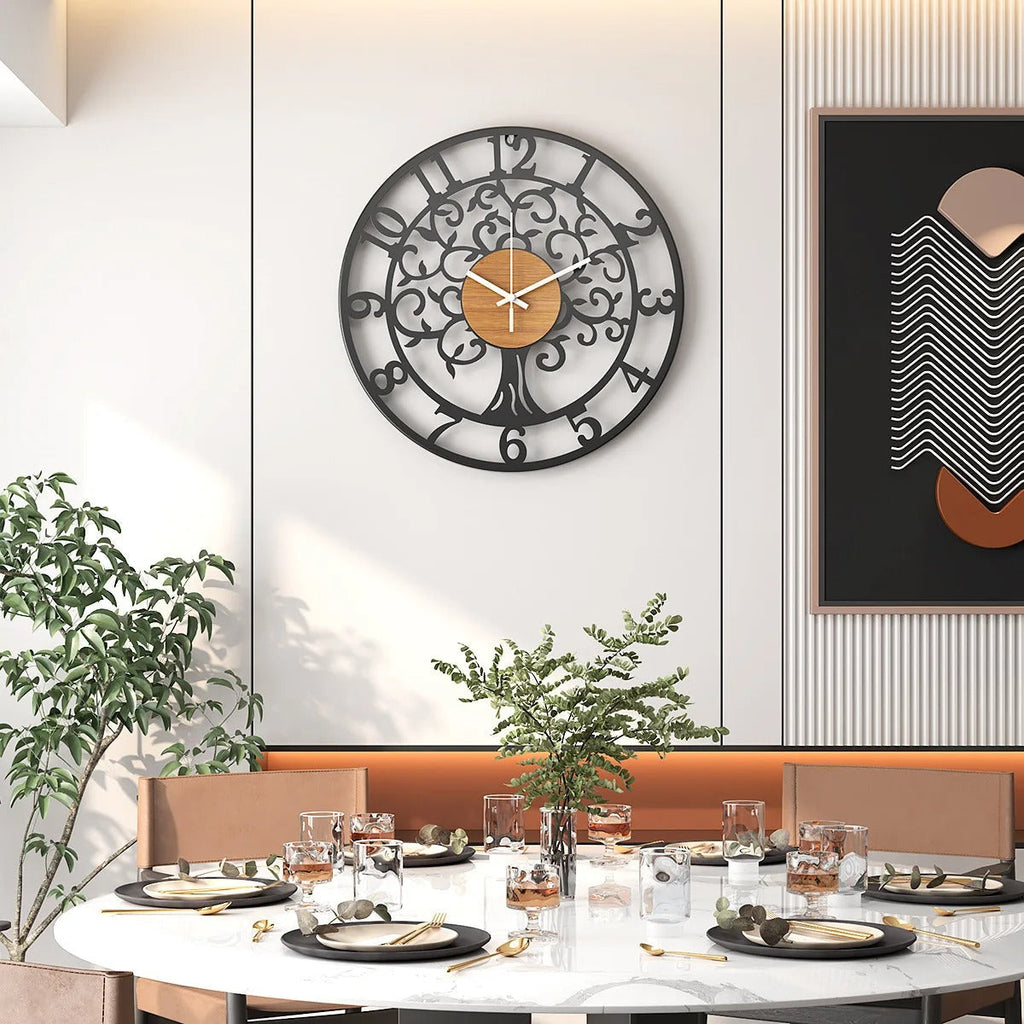 horloge murale design arbre de vie métal noir et bois salon salle à manger déco moderne grande pendule murale silencieuse