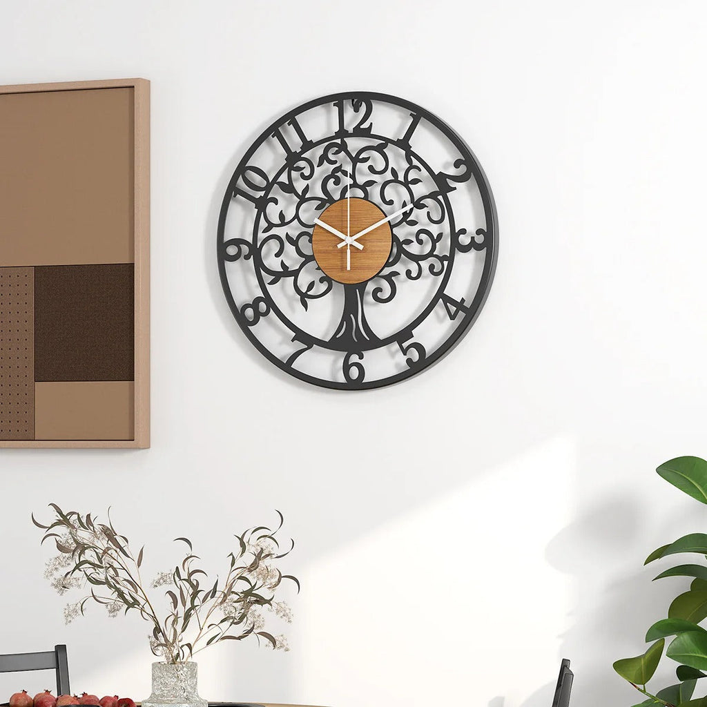 horloge murale arbre de vie métal noir et bois salon décoration murale design