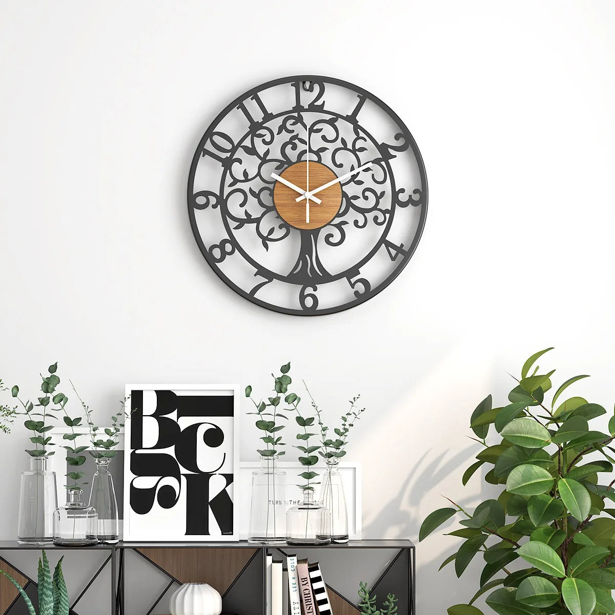 Horloge murale arbre de vie métal noir centre bois salon contemporain