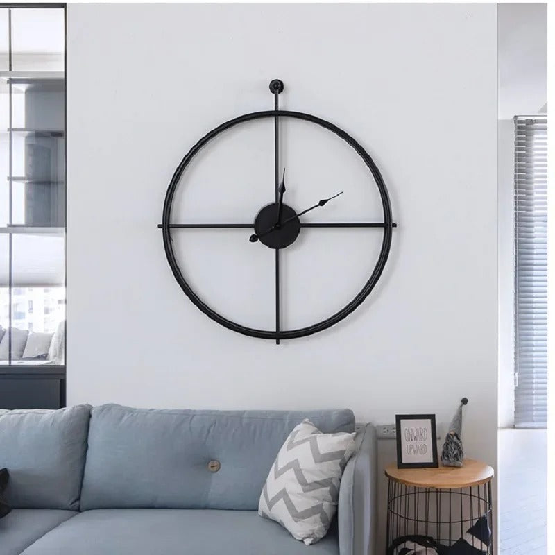 Horloge murale minimaliste métal noir cercle mural salon canapé gris