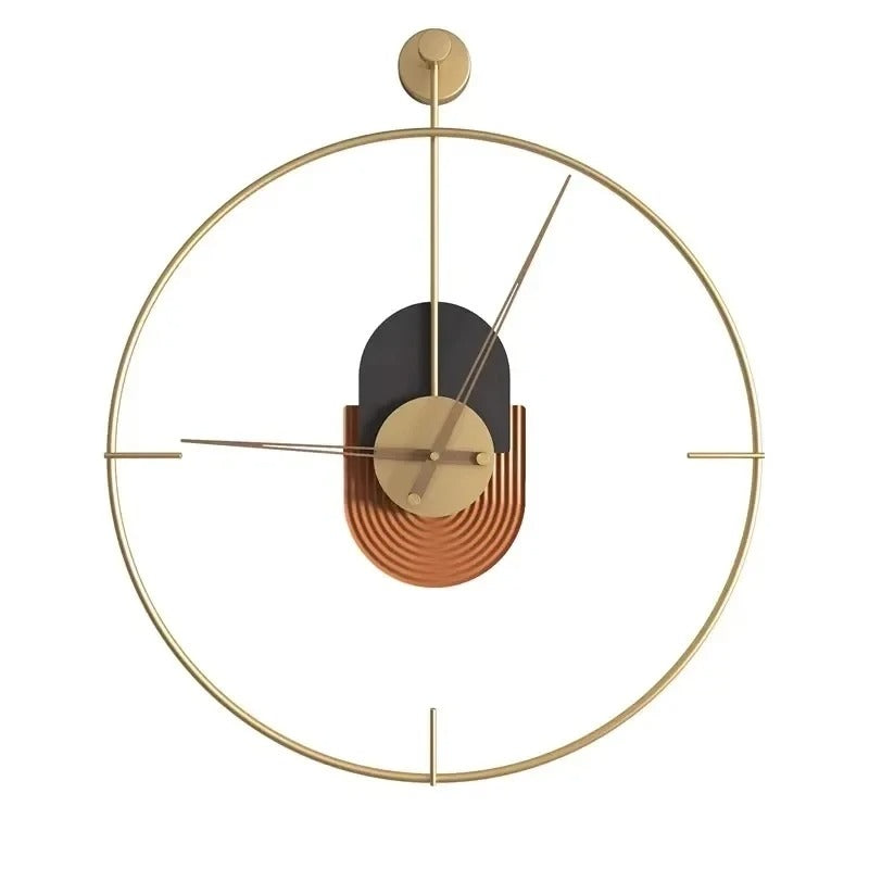 Horloge murale design métal doré centre géométrique noir et terracotta fond blanc