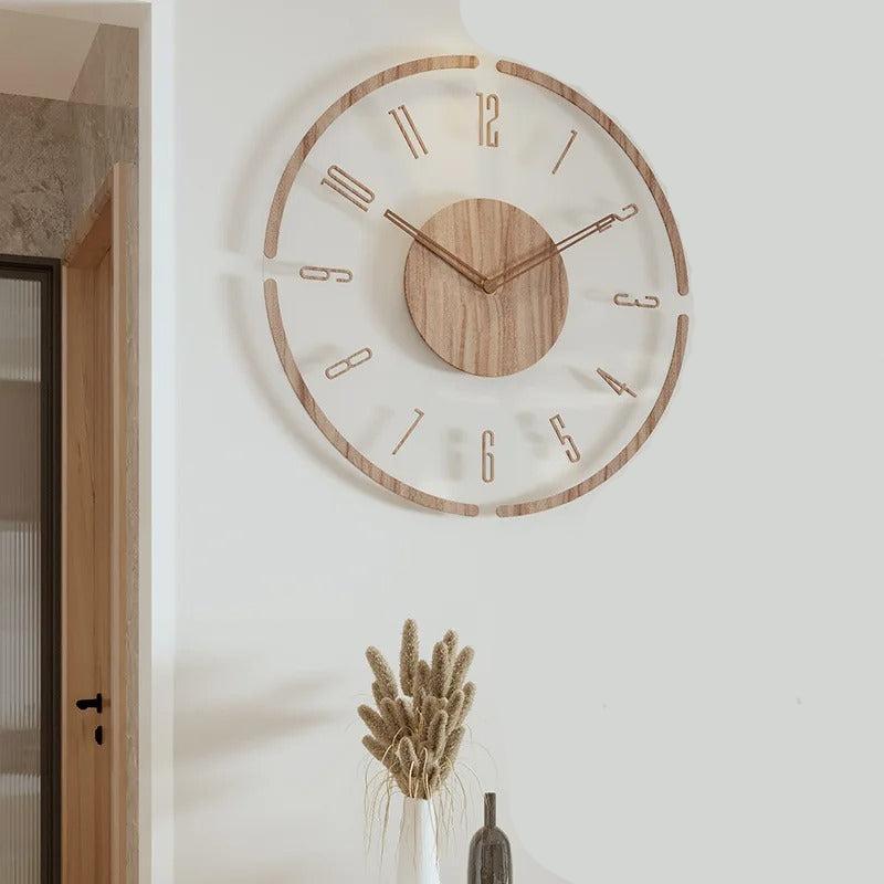 horloge murale bois design scandinave transparente chiffres arabes salon moderne décoration intérieure