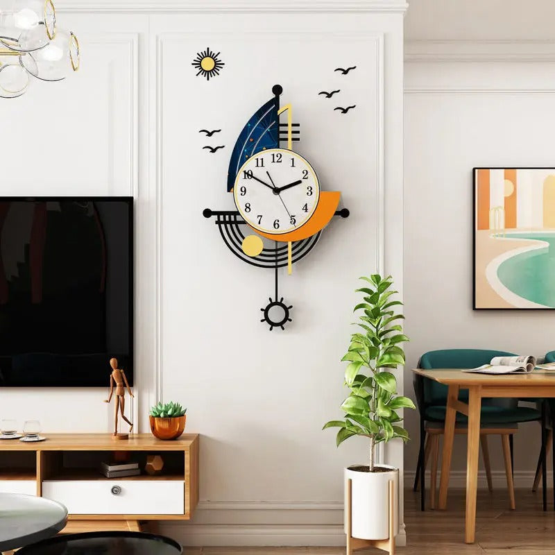 Horloge murale design géométrique colorée Bauvo formes abstraites bleu orange salon