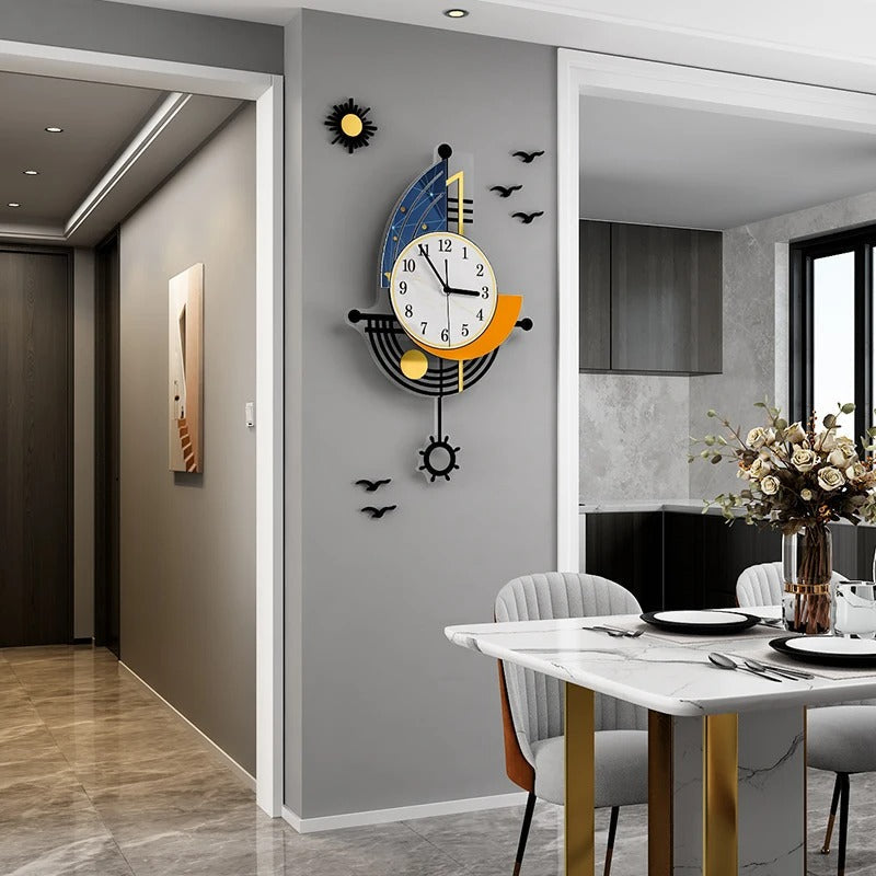 horloge murale design moderne géométrique bleue orange noire décoration salon salle à manger