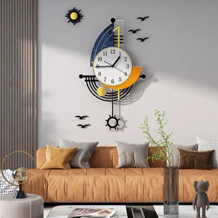 horloge murale design moderne salon style art déco bleu jaune noir avec pendule lune soleil oiseaux décoratifs grand format