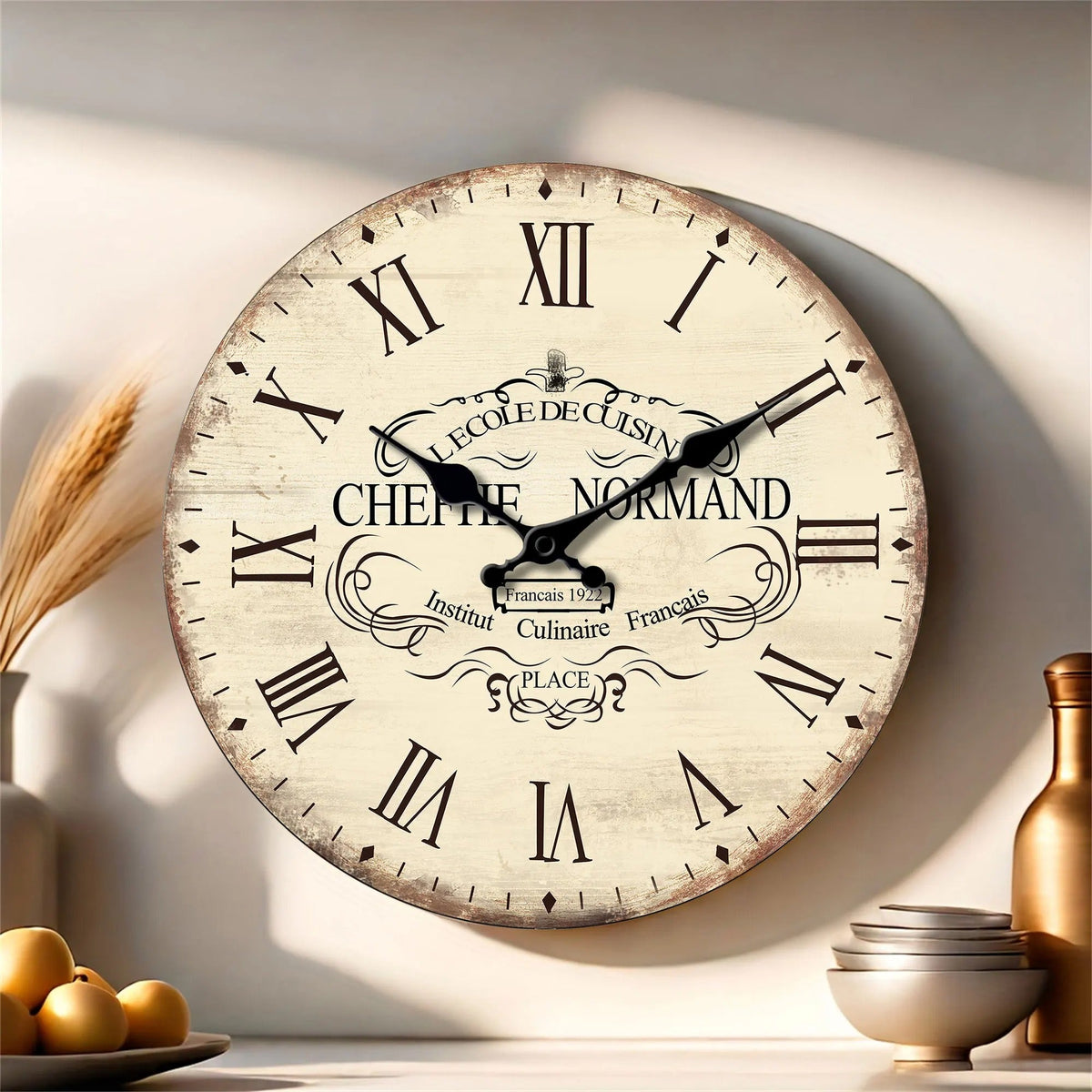 Horloge murale cuisine vintage campagne bistro bois ivoire chiffres romains décor culinaire