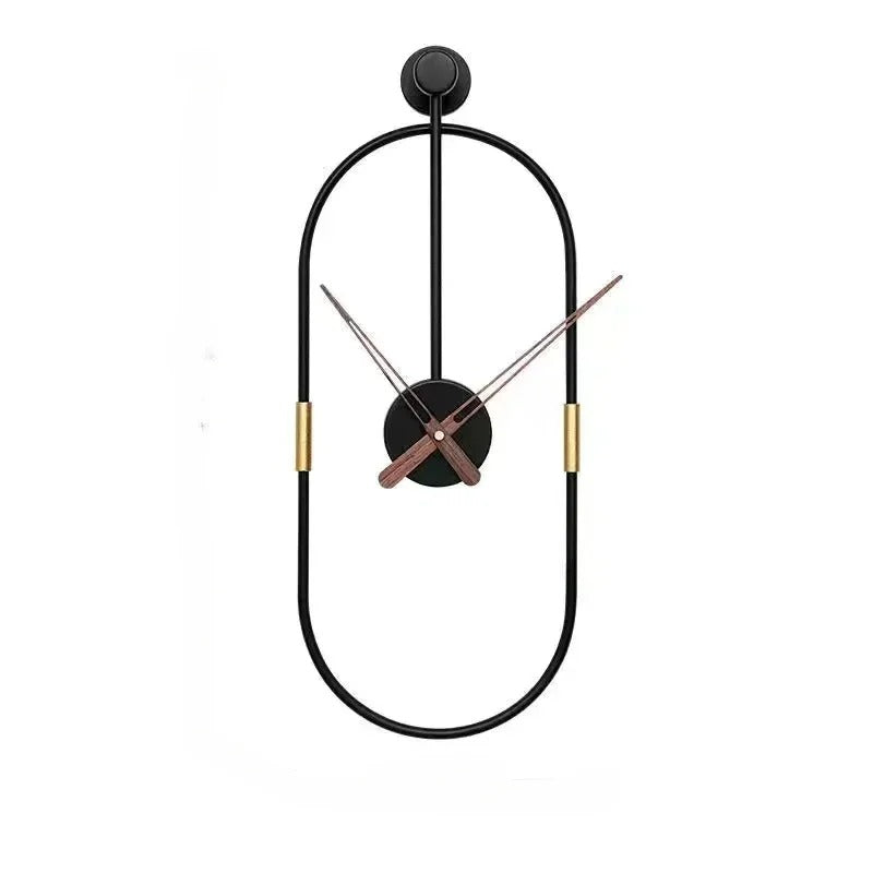 horloge murale design industriel cadre ovale métal noir aiguilles bois noyer dorées décoration salon moderne