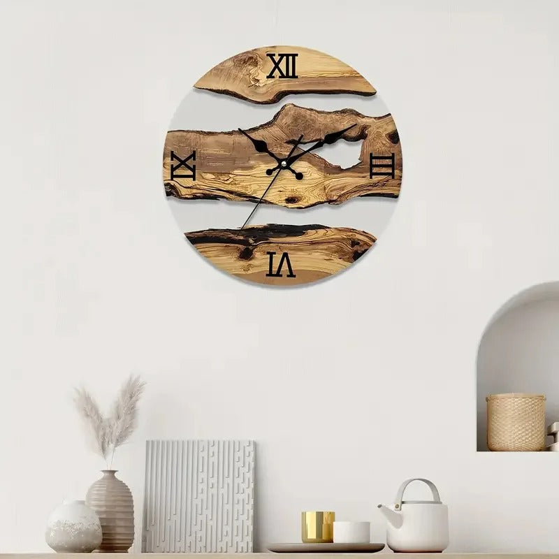 Horloge murale bois résine époxy ronde chiffres romains noirs salon épuré